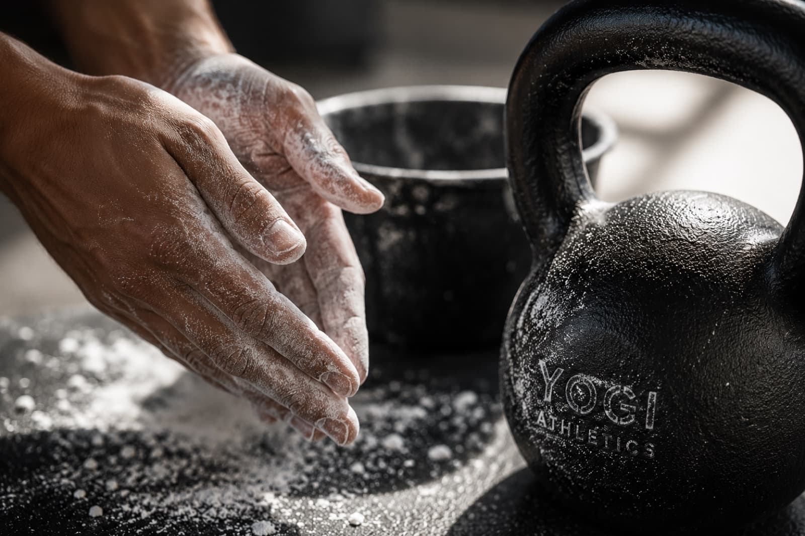Chalked hands beside a kettlebell